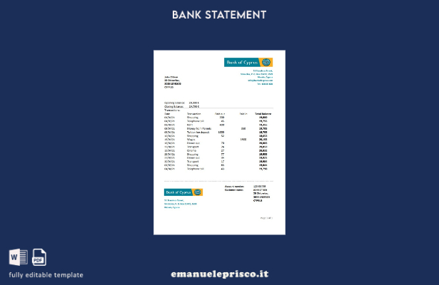 modello Excel di estratto conto della Banca di Cipro in stile verificato